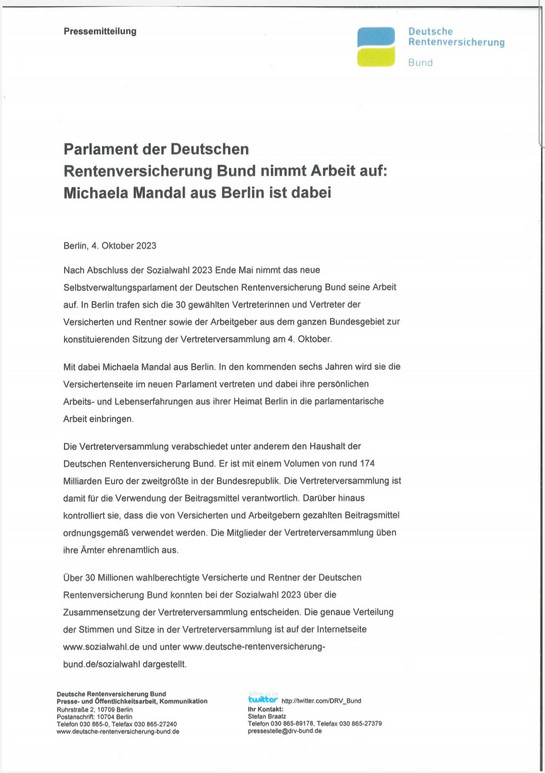 Pressemitteilung - Parlament der DRV Bund nimmt Arbeit auf, Michaela Mandal von der gkl berlin ist dabei